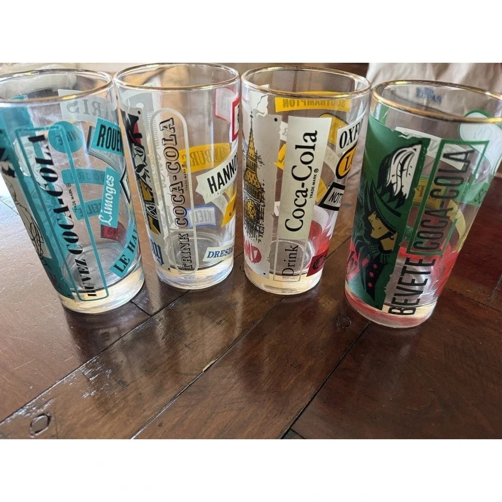 Libbey‎ Coca-Cola Around the World Glasses 12oz VTG 60s Italy France German UK